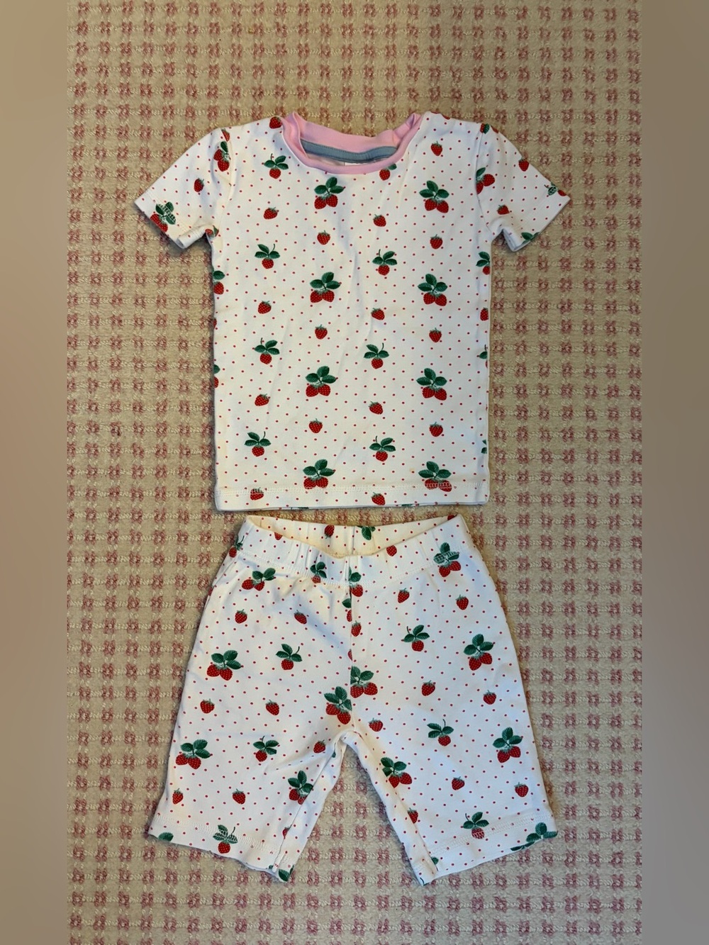Mini Boden White Strawberry Short Sleeve Pajama Set with Pink Trim